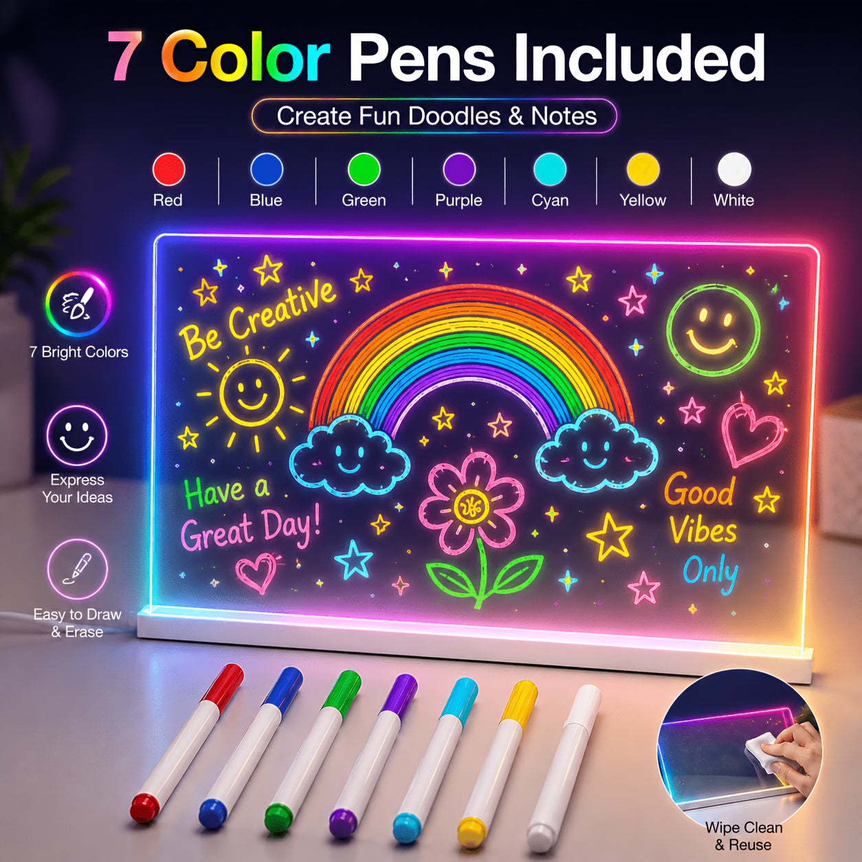 DIY Acrylic LED Glow Board (7.5x7.5 inch) with 7 Magic Pens